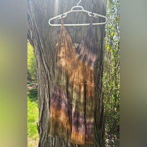 Brown and Red Plunge Neck Maxi Sundress